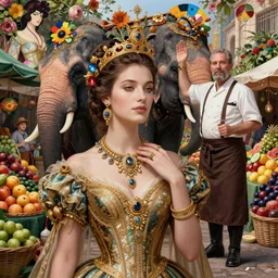 a masterpiece ultrarealistic ultradetailed portrait of beautiful love fishmonger jewelry genius elephant trainer girl on fruits street market baroque renaissance. medium shot, intricate, elegant, by stanley artgerm lau, wlop, alphonse mucha, rossdraws, andrei riabovitchev, yoshitaka amano. flower background my james jeand and takashi murakami.