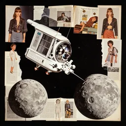 A mid-century modern collage, made of random shapes cut from fashion and science magazines and text books, of Space Travel, landing on the moon.
