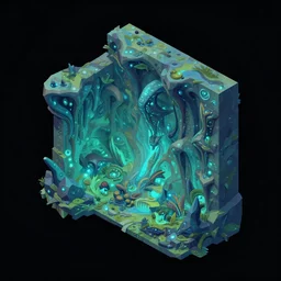 mobile game hyper - detailed asset is an isometric alien - like wall with an interesting organic design, inspired by the alien nature of pandora from the avatar, it has a bioluminescent appeal, behance low poly art trending on artstation, black background dark night item