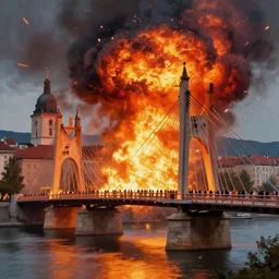 ljubljana tripple bridge in flames and explosions, aesthetic art, 8 k, high details, digital painting, concept art, matte painting, art by arstation and mimmo rottela, pixels art by paul robertson