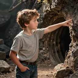 comic cell of a boy with one hand in his pocket and pointing with his other hand at a mine entrance