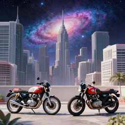 brutalist style cityscape with retro style cafe racer motorcycles, under vapor wave galaxy