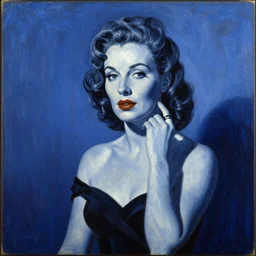 A painting of Marlene Dietrich. By l Greco, Remedios Varo, Salvador Dali, Carl Gustav Carus, John Atkinson Grimshaw. Blue tint.