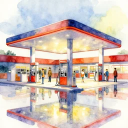 a beautiful insanely intricate watercolor illustration of modern gas station, reflexions, colorfull, by william turner art, by greg rutkowski, by james jean, by rossdraws, by frank franzzeta, by sakimichan, by edmund dulac, trending on artstation, insanely detailed, masterpiece,