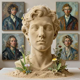 a full body sculpture portrait made of sand and bubbles and plants and flowers, painting part by wojciech siudmak, part by ilya repin, part by max ernst, part by norman rockwell, artstation