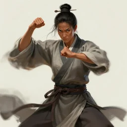 portrait of a female drunken master monk exercising by wlop, wuxia, xianxia, drunken boxing, drunken fist, drunken master, dark olive skin, athletic, playful, beautiful, fully clothed, monk's robe, detailed, realistic, anatomically accurate, fantasy illustration, artstation, wlop, 4 k.