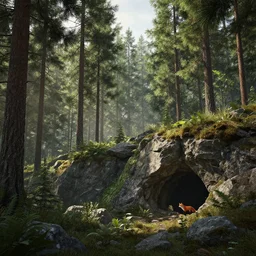 beautiful render of a forest world, unreal engine, first light, pine trees, tall firs, rocky slopes, hidden caverns, fox, soft light, by greg rutkowski, cgsociety