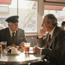 movie scene of two old detectives with fedorsas at breakfast in a diner warm lighting, sunny day, dark knight ( 2 0 0 8 ) set in 1 9 7 2. light haze. fred herzog
