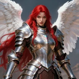 an epic portrait of a tall female warrior with massive plate armour, very detailed face by Stanley Artgerm Lau, Diego Gisbert Llorens, Mark Brooks, Charlie Bowater, no helmet, big white glowing wings, long red hair, very detailed face, insanely detailed and intricate, vivid and vibrant, highly detailed, cinematic lighting, concept art, artstation