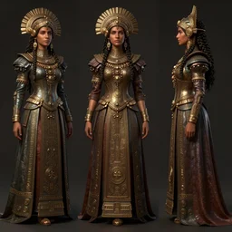 character sheet of victorian mayan princess, concept art, game art, highly intrincate, full body front and side, unreal engine, very detailed, detailed face, arnold render, artstation hq, cgsociety, character design.
