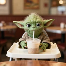 yoda, sitting in a high chair, behind a table, in the restaurant outback, annoyed, disgruntled, thick plastic cup with a plastic lid and straw, 3 5 mm, f / 2. 8