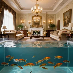 wide angle photograph of a fancy living room half - filled with water, fish swimming under and around furnature