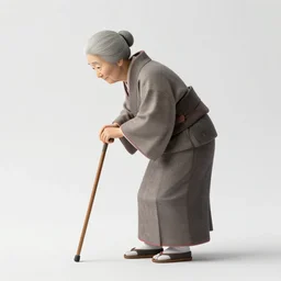 bunraku puppet of a lone old woman walks bent over using a walking cane, side view