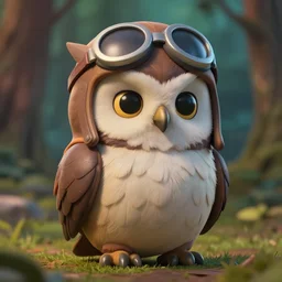 high resolution, cinematic, anthropomorphic owl character, hunter clothing, realistic detailed feathers, silly facial expression, pilots hat, made in 3 d, collectable statue, octane render, friendly face, sad eyes, super cute, forrest background, depth of field, volumetric lighting by disney and studio ghibli and pixar