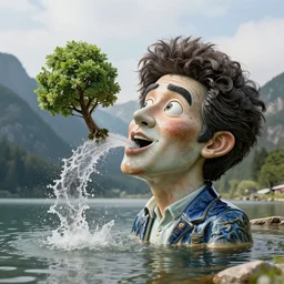 a massive porcelain sculpture on a mountain lake of bob ross's face spewing a little happy tree from his mouth, in the style of johnson tsang, funny sculpture, lucid dream series, cinematic, hyper - realistic, very detailed, realistic water splashes, ray tracing, 8 k resolution, long - shot, sharp focus, low angle, 8 5 mm photograph, wide lens