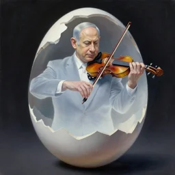 insanely detailed painting benjamin netanyahu as a translucent specter, playing violin, inside a broken egg, by wojciech siudmak
