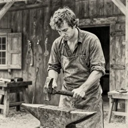 film still of charlie day, working as blacksmith outside farmhouse, wearing apron, pencil drawing, realistic detailed face, hammering anvil, contrast