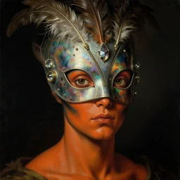 a baroque neoclassicist close - up portrait of a dark alien being gazing intensely with orange skin and warpaint, big eyes, wearing an iridescent sci - fi retrofuturistic mask with feathers, crystals, and zippers. head, face and shoulders, foggy black background. renaissance portrait painting. highly detailed science fiction painting by norman rockwell, frank frazetta, syd mead and moebius. rich colors, high contrast, gloomy atmosphere, dark background. trending on artstation.