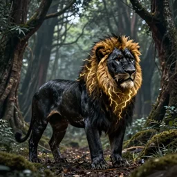 photography of a black lion with gold lightnings in the fur in the middle of the ancient forest , concept art, huge scale, photorealistic, high details by Nick Nichols