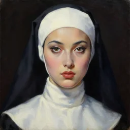 hyperrealism oil painting, complete darkness background, close - up portrait, view from up, nun fashion model, in style of classicism mixed with 8 0 s sci - fi japanese books art