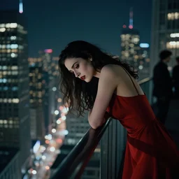 portrait of a beautiful vampire pensively leaning over the railing on a skyscraper with the nighttime cityscape in the background. sad. wearing a red dress. facing the artist. masterpiece by artgerm and greg rutkowski and ilya kuvshinov paul lerh