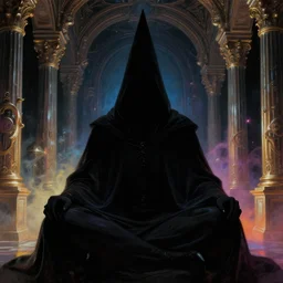 a close - up view portrait of a silhouetted supernatural wizard meditating in baroque neoclassicist halls with futuristic metallic technology. close - up view, detailed textures. glowing colorful fog, dark black background. highly detailed fantasy science fiction painting by moebius, norman rockwell, frank frazetta, and syd mead. rich colors, high contrast