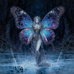 an ornate regal butterfly priestess made of shattered hopes and mystical dreams, grimdark fantasy painting of a cosmic butterfly on a shadowed forest background. the avatar of a butterfly goddess dancing on a frozen lake in the darkness void realm. a painting in neon inks, by wayne reynolds, by claude monet, by carl critchlow, by rebecca guay, ukiyoe