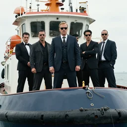high quality photograph of a group of mafiosos on board a tugboat looking menacing