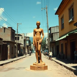 vintage color photo of a henry moore terracotta sculpture in the middle of a poor brazilian favela street, image by werner herzog