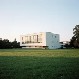 A serene landscape with a singular building in the style of bauhaus