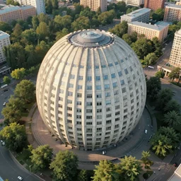 aerial view of a torus building surrounded by trees, russian brutalism by victor enrich, moscow, wide lens, artist ghibli