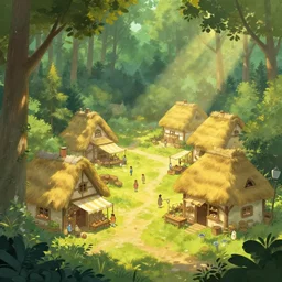 a cozy fantasy village in a shaded forest, marketplace, thatched houses, yellow and greens, sun rays, peaceful greg rutkowski