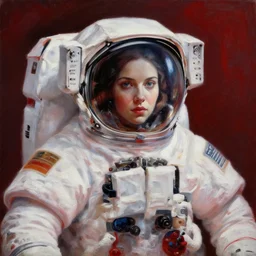 a portrait of an intensely lit female astronaut in space, red, oil painting, pale colors, high detail, 8 k, wide angle, trending on artstation,