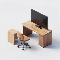 a room with a desk and a chair and a television, isometric 3 d render by chris labrooy, artstation, photorealism, rendered in unreal engine, artstation hq, physically based rendering