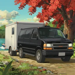a wholesome animation key shot of one!! focused, black gmc van towing trailer!!, speed boat on lake, parked beside lake, medium shot, studio ghibli, disney animation, ( pixar ), sharp, very detailed, high resolution, rendered in unreal engine 5, anime key art by greg rutkowski, bloom, dramatic lighting
