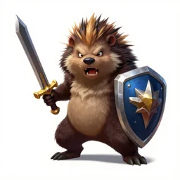 a fierce and violent mutated porcupine furry with a sword and shield. league of legends splash art