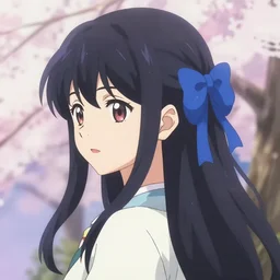 girl with blue ribbons in her hair, anime, kyoto animation, magical, sharp