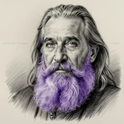 a stunning ultra realistic pencil drawing of  content old man with a long purple beard, peaceful and graceful, by dirk  dzimirsky and tom bagshaw, studio portrait, pencil and charcoal, melancholic, catchlight in the eyes, 4K