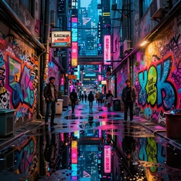 a cyberpunk alley filled with graffitii in future tokyo at night, reflections on wet ground by sachin teng and pascal blanche nekro josan gonzalez rhads ruan jia. in style of digital art. colorful comic, film noirs, symmetry, vibrating colors, hyper detailed. octane render, artstation, clear, sharp, straight lines