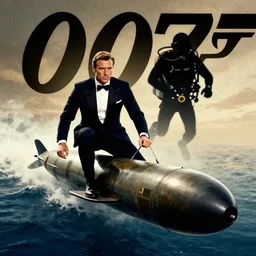 poster of a ( james bond ) 0 0 7 movie, ( james bond ) riding a torpedo, black diver silhouette in background, highly detailed, trending on artstation, cinematic lighting, by tom whalen!, by artgerm and alphonse mucha