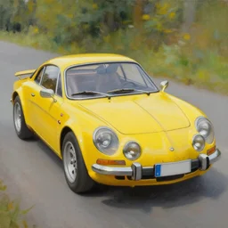an oil painting of a yellow alpine A110,