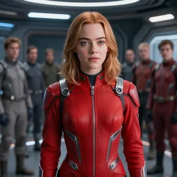 cinematic portrait of young teenage emma stone in red futuristic jumpsuit, space station at background, high detail, 8 k, sharp focus, movie still, dramatic lighting, ray tracing, smooth, lane brown, finnstark, oleg bulakh, diego fazio, mike dargas, emanuele dascanio, felix englund, michal karcz, yoshitaka