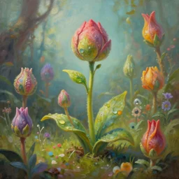 a beautiful painting plant sprouts in a fantasy world full of interesting buds fictional colorful and gorgeous, 8 k resolution, highly detailed, hdr