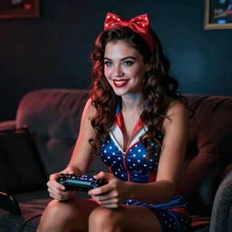 a pin up woman playing a videogame, front view, dark lighting, couch, control, photo, gamer
