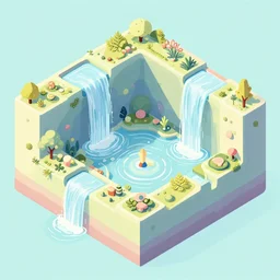 Hidden gardens in 4th dimension, isometric, impossible architecture, waterfalls, relaxing, pastel colors