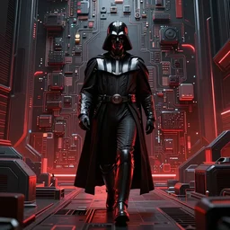 photo of Darth Revan walking in a futuristic city in a dystopian future made of electronic components and looks like a giant pcb board. Very detailed 8k. Unreal engine 5 render with nanite, global illumination and path tracing. Cinematic post processing. Emphasize on the colors black and red.