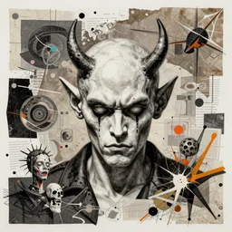 devil looking at me embraced detailed chaotic analogue dada collage with deep texture in style of conteporary art, photorealistic, expressionism, masterpiece, balanced composition, wide range of colors, spectacular quality, intricate oil details