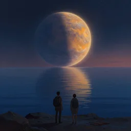 the eternal twilight planet, calm ocean, two explorers on the foreground, art by emmanuel shiu