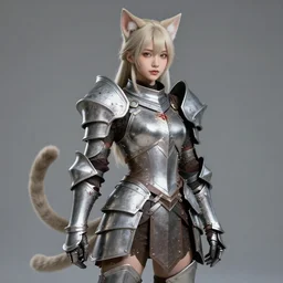 picture of paladin girl with cat ears and cat tail, heavy armor, dnd, high fantasy, highly detailed, detailed face, grayscale monochromatic, manga illustration, by artgerm, greg rutkowski, alphonse mucha