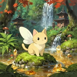 japanese animation art, cat with fairy wings, cute kitten, cottagecore, moss, Maple leaf Ferns, mushrooms, fantasy Japanese Temples, amber-like crystal clear water, waterfalls, summer feeling, Dramatic lighting, miyazaki, nausicaa, ghibli, wild style, hyper details